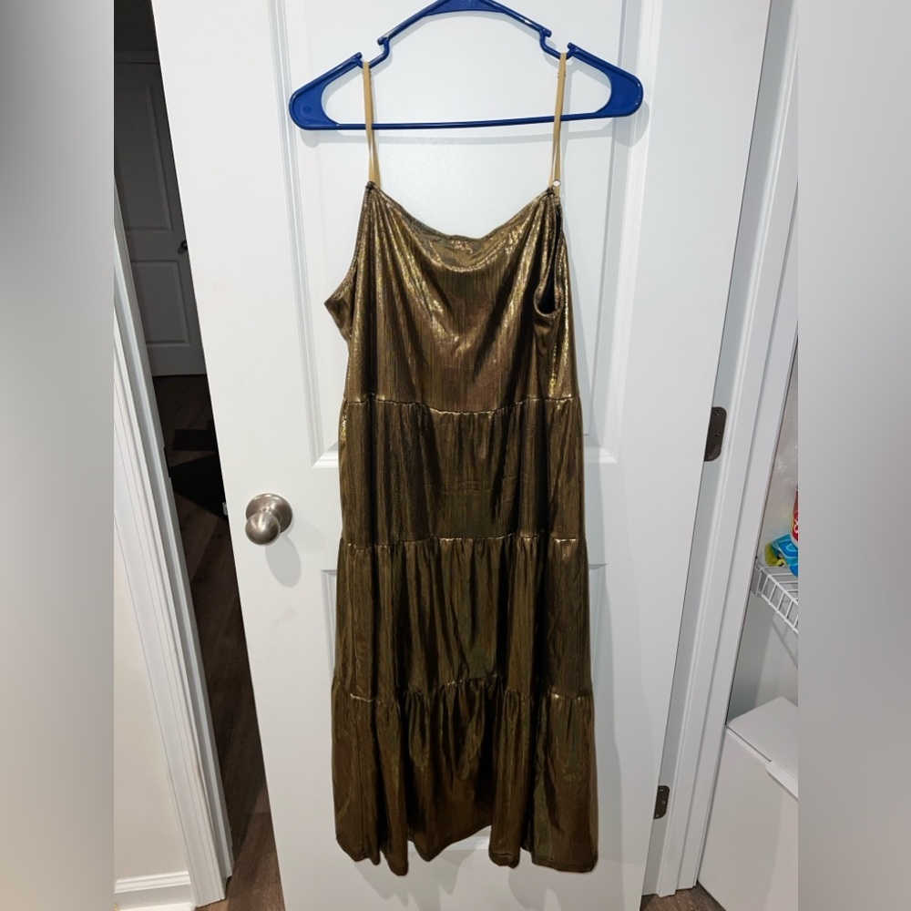 Grace Karin Spaghetti Strap Ruffle Midi Dress in Gold